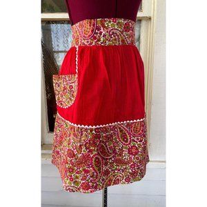 Vintage 1950s Half Apron Red Paisley Organza Cotton